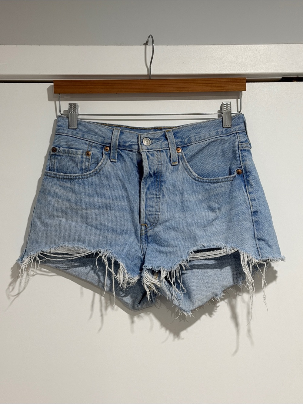 Levi's Light Blue Frayed Hem Denim Shorts
